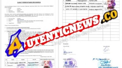 Surat pernyataan ijin Warga, yang ditandatangani enam orang warga, di ketahui RT 018, RW 006 Tanpa nama, PJ Kades dan camat