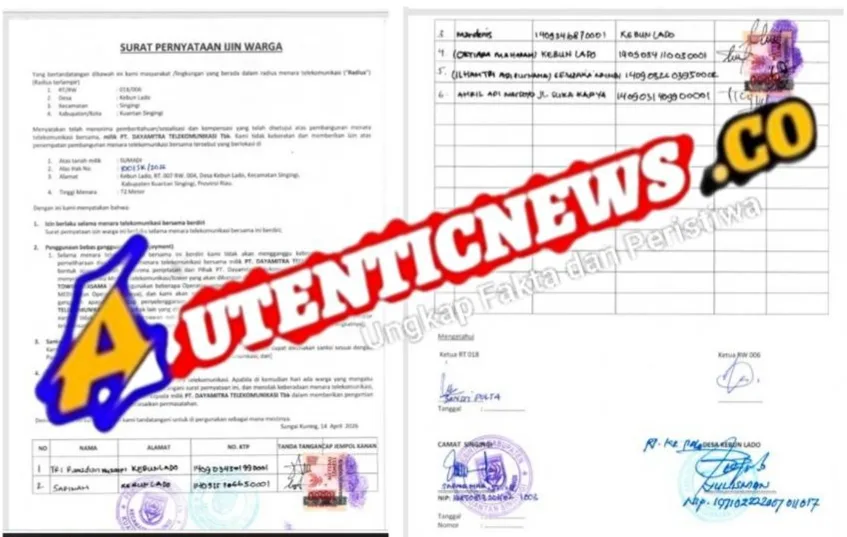 Surat pernyataan ijin Warga, yang ditandatangani enam orang warga, di ketahui RT 018, RW 006 Tanpa nama, PJ Kades dan camat