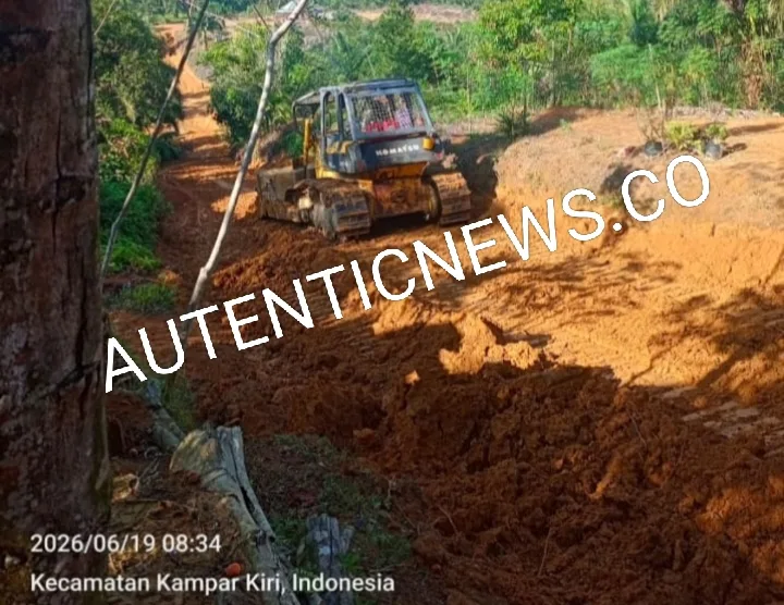 Foto: Alat berat yang sedang buka jalan ke kawasan Hutan Antara Desa Sungai Rambai dan Desa Tanjung Harapan lokasinya Gelawan